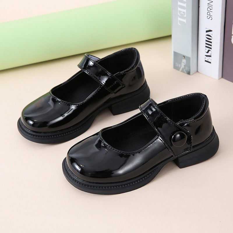 Lady Style Shiny Leather Girls Thick Heels Increased Velcro Literary Princess Shoes
