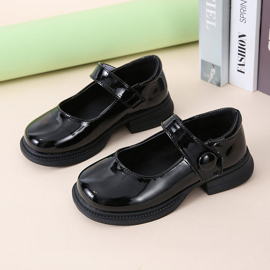 Lady Style Shiny Leather Girls Thick Heels Increased Velcro Literary Princess Shoes