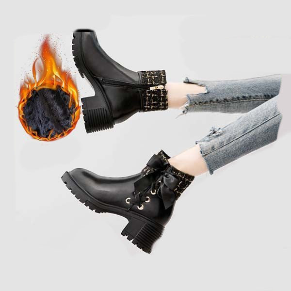 Soft Leather Spring And Autumn Bow Thick Heel Short Female Martin Boots