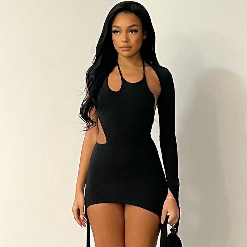 Solid Color Lace-up One-shoulder Back Openwork Dress