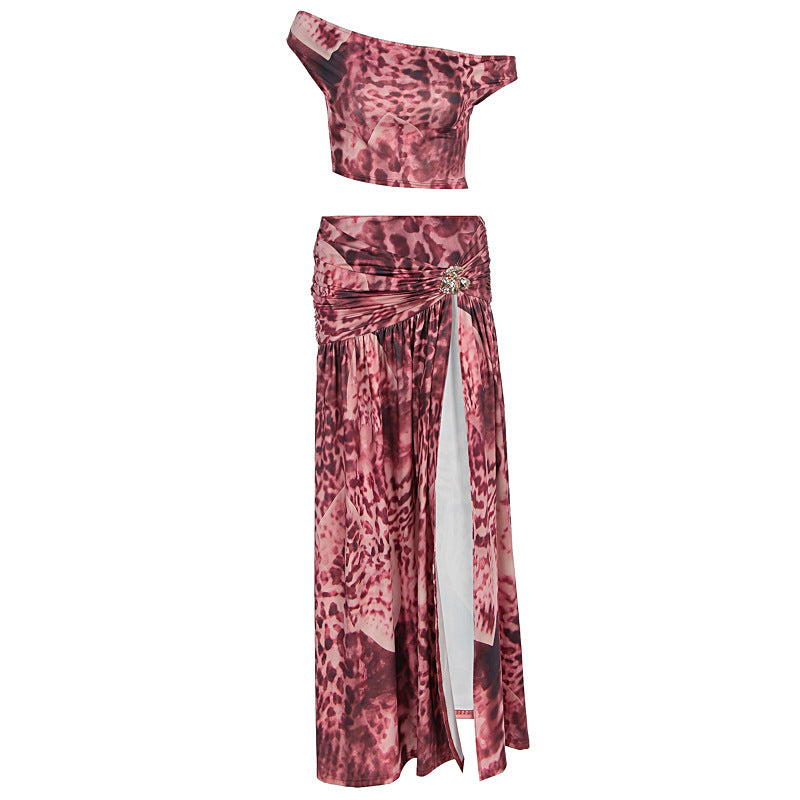 Pure Desire Style Hot Girl Sexy Print Oblique Shoulder Tops Split Skirt Suit