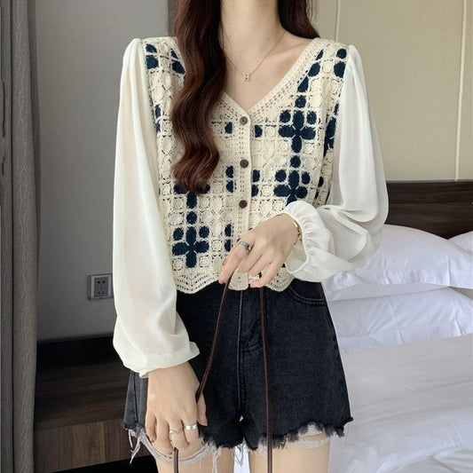 Hollow Lace Shirt Spring Fashion Long Sleeve Stitching