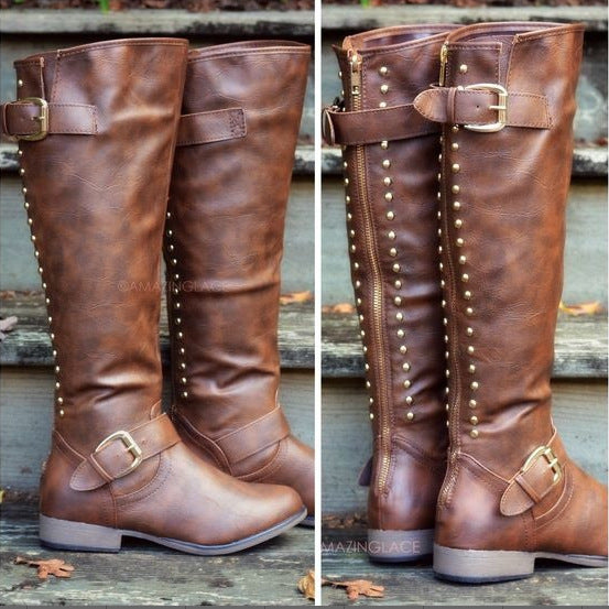 New Women's Boots Solid Color Flat Rivet High Boots