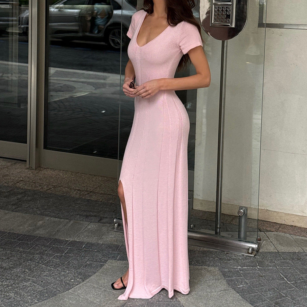 Short-sleeve Knitted Slim-fit Maxi Dress