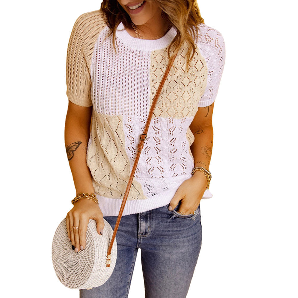New Fashion European And American Color-blocking Knitted Short-sleeved T-shirt Top Knitted Sweater