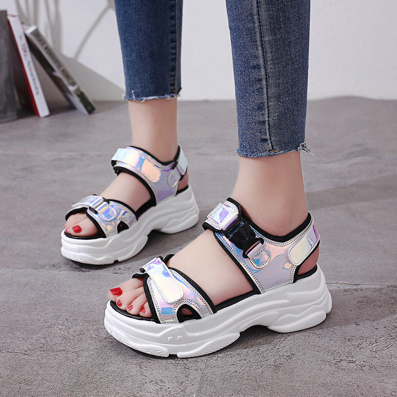 New summer sponge cake and bright leather sandals