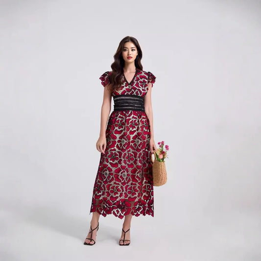 V-neck Lace Puff Sleeve Embroidered Solid Color Dress