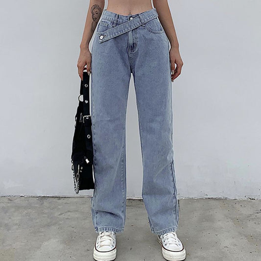 Irregular belt fashion high waist slim jeans