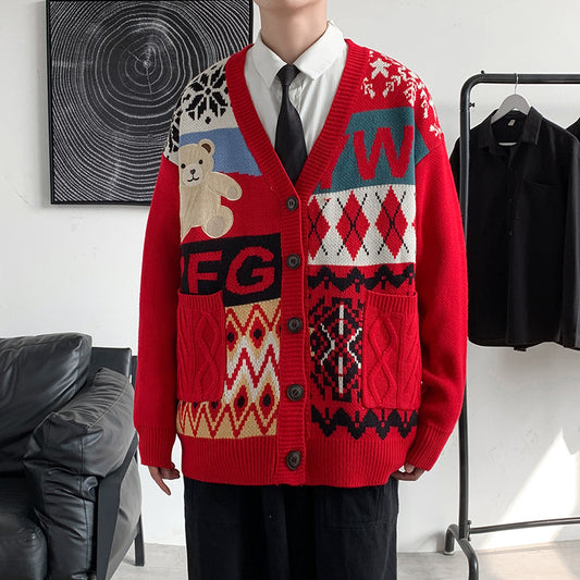 Cardigan V-hals Sweater Mænd Og Kvinder Jacquard Bjørn Par