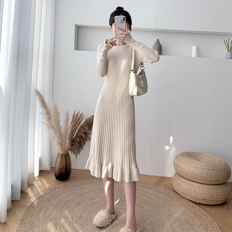 Above-the-knee Sweater With Ruffled Hem Knitted One-piece Dress