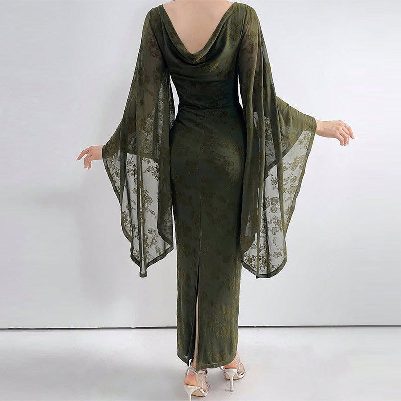 Womens Fashionable Fitted Waist Mesh Printed Dress