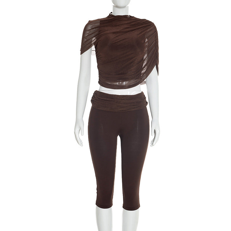 Solid-color Sexy Slim-fit Draped Capri Pants Set