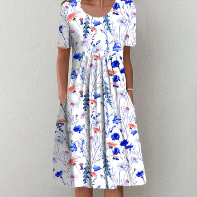 Spring And Summer Women's Elegant Large Swing Round Neck Printed Short Sleeve Dress