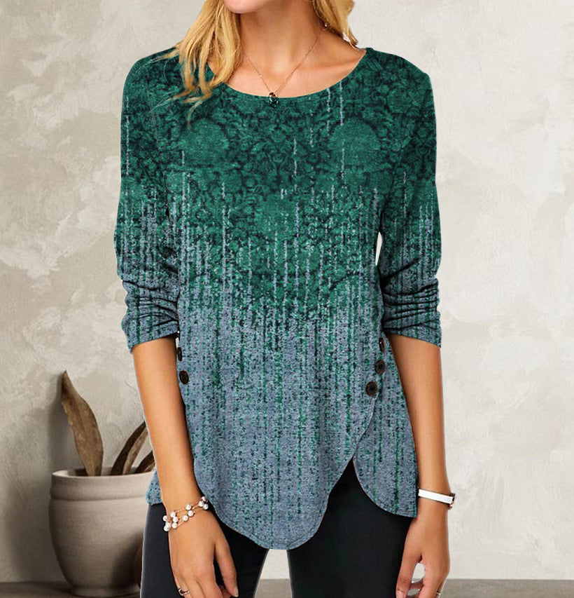 Digital Retro Printed Button Irregular Hem Round Neck Long Sleeve 3D