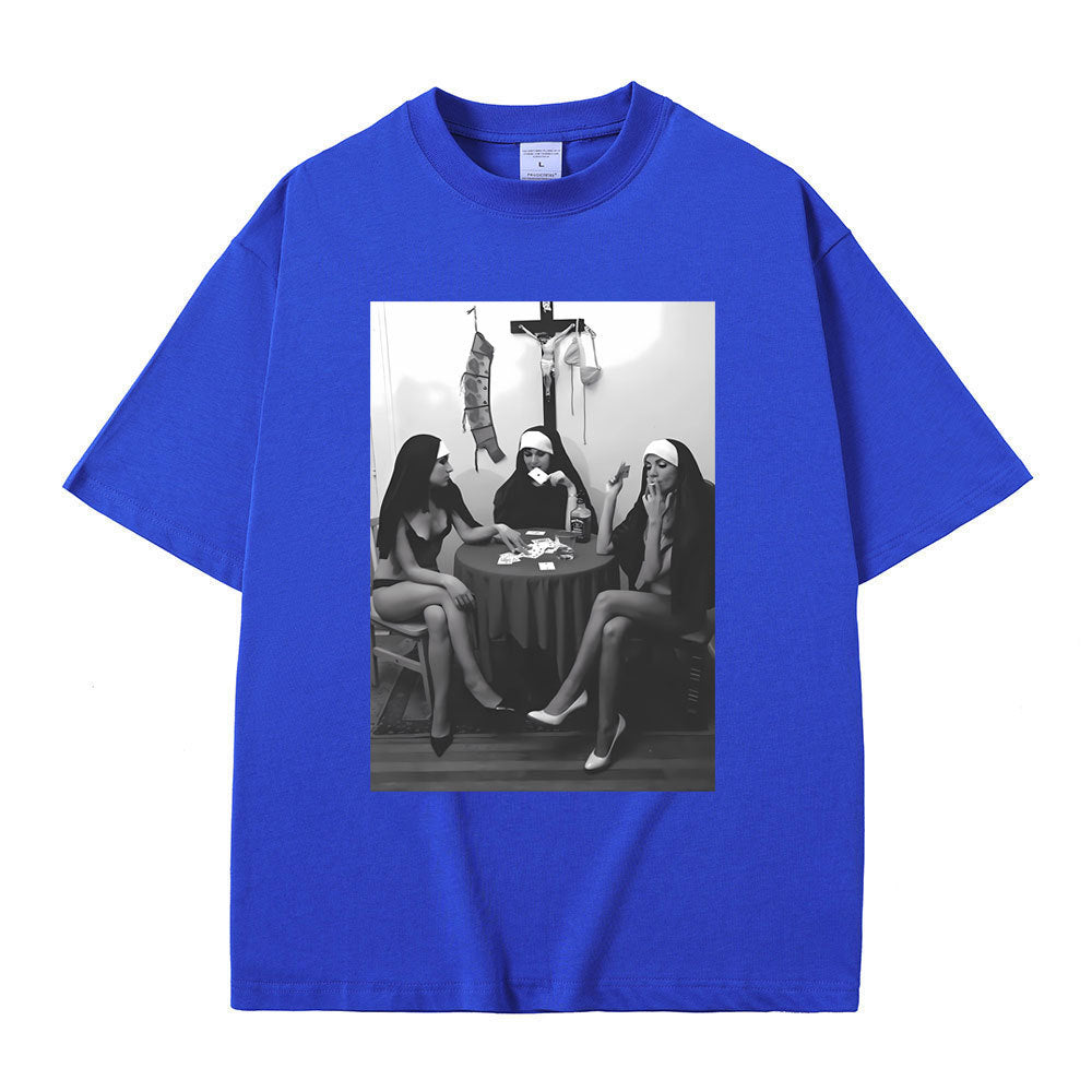 Nuns Naked Playing Card Smoking Drinking Funny Meme T-Shirt