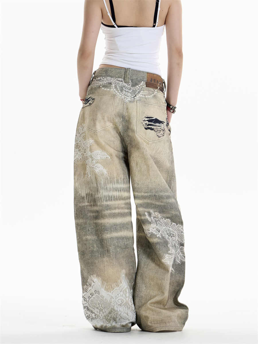 Cross Printed Jeans Women's Wide-leg Pants