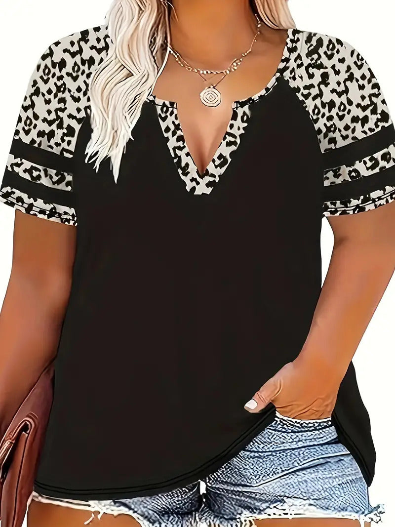 Leopard Print Printed V-neck Women's Versatile Casual Slim-fit Short Sleeve