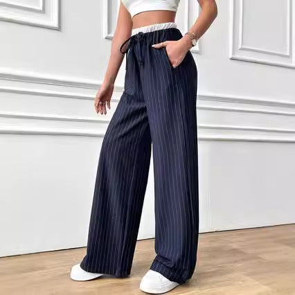 Casual Vertical Stripes Color Matching High Waist Trousers