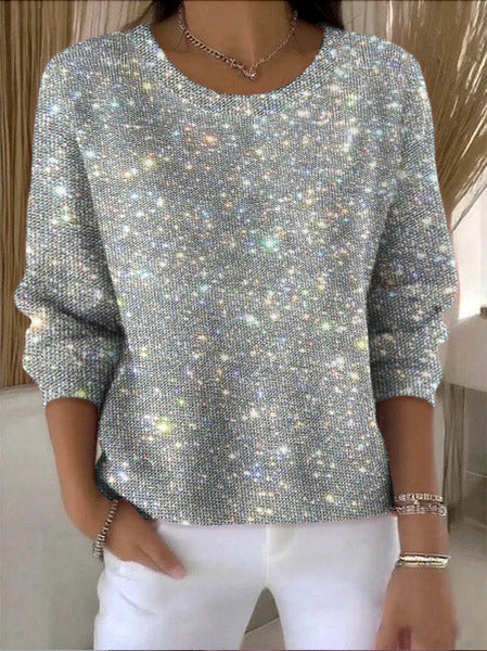 Womens Fashion 3D Digital-Print Crew-Neck Long-Sleeve Top