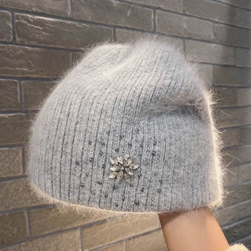 Women's Rabbit Hair Knitted Hat Thickened Warm Rhinestone Flowers
