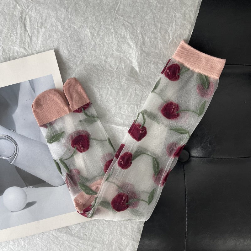Cherry Jacquard Summer Cute Wild Thin Socks Stockings