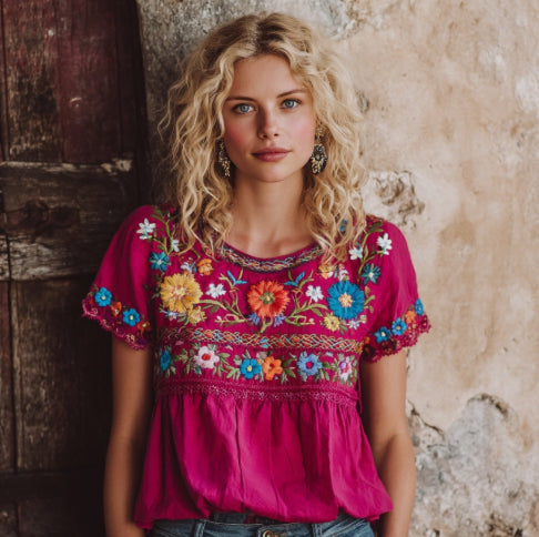 Womens Retro Printed Patchwork Crew-Neck Top