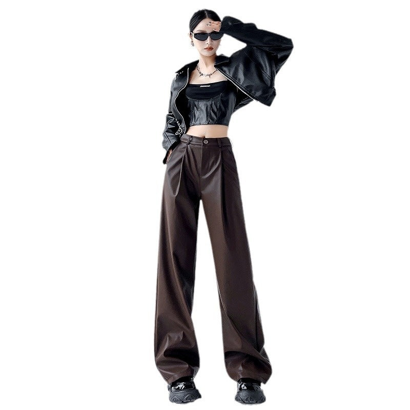 Personalized Fashion Narrow Straight Slim PU Suit Leather Pants