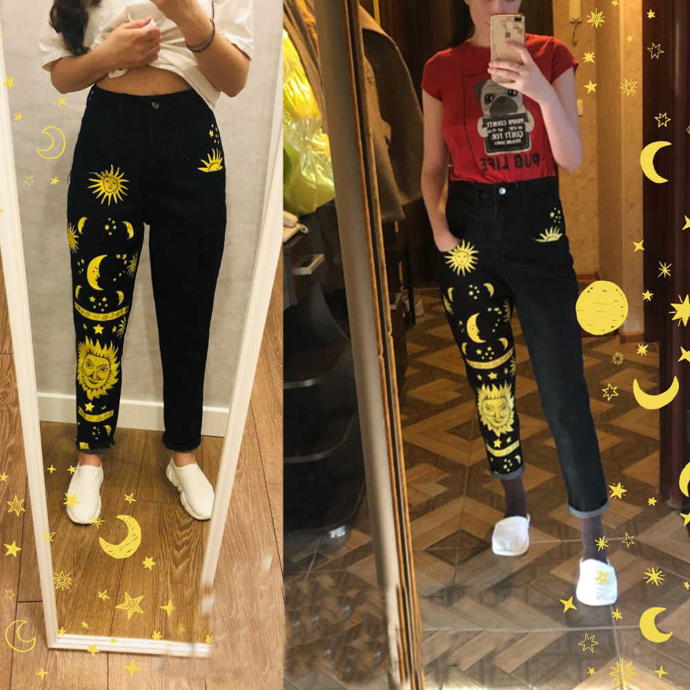 Digital printed straight-leg pants hipster trousers jeans