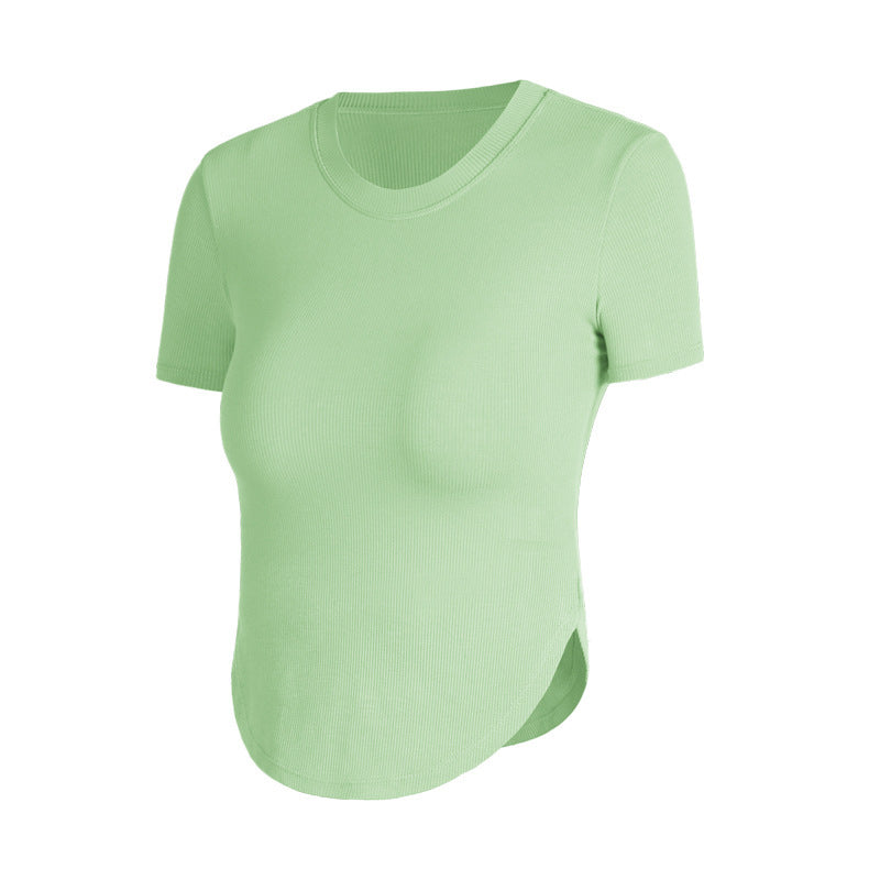 Rib Sports Short-sleeved Blouse With Chest Pad Workout Clothes Running T-shirt Beauty Back Tight