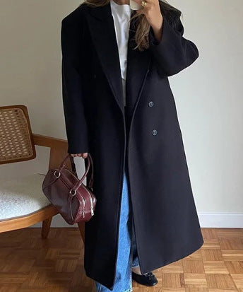 Long Wool Coat With A Business Suit-style Collar For Commuting