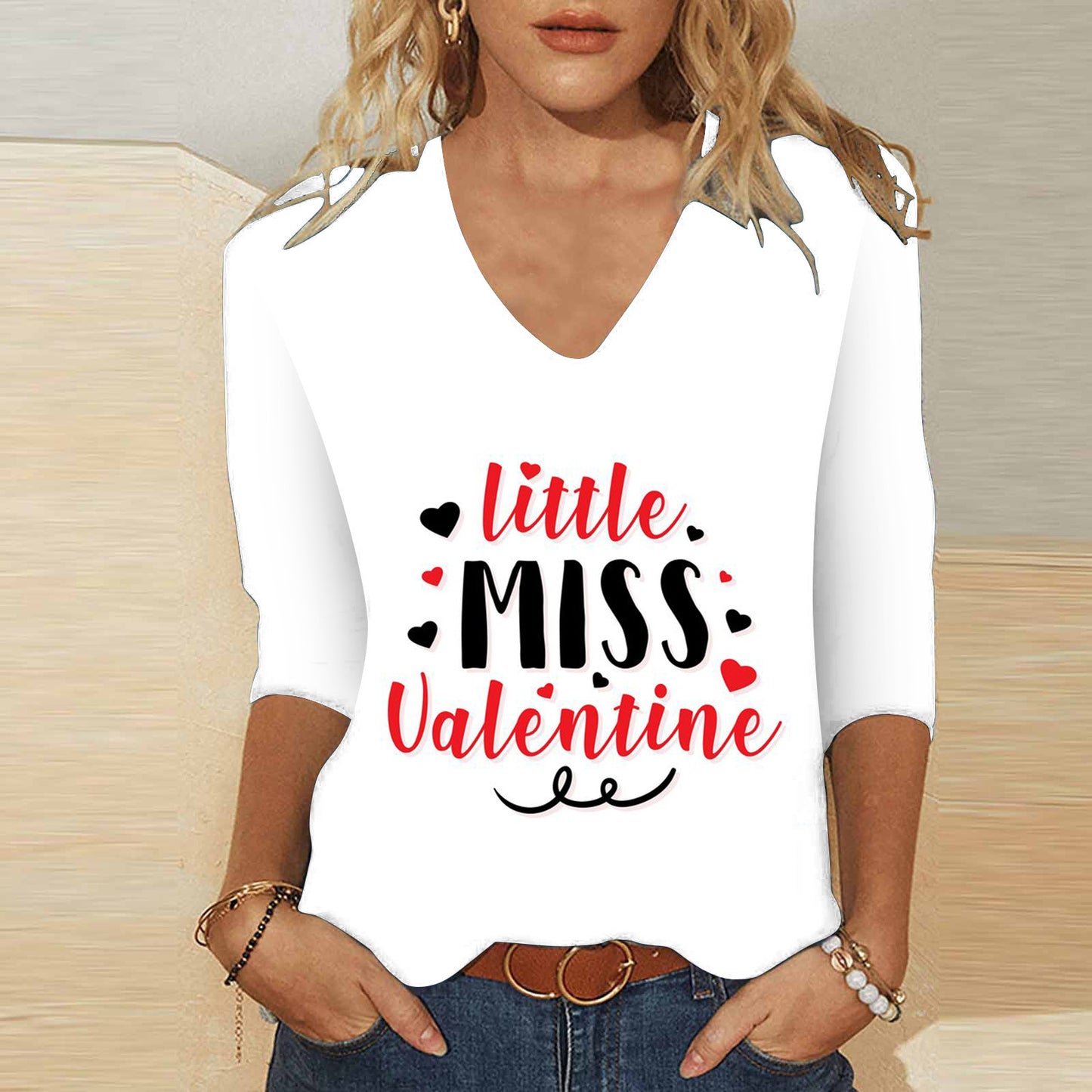 3D digitaltryk Valentinsdag Hjerteprint Kvinders søde afslappede løse V-hals 3/4-ærmet T-shirt