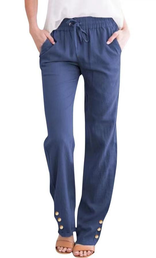 Solid Color Cotton And Linen Loose Drawstring Button Casual Wide-leg Trousers