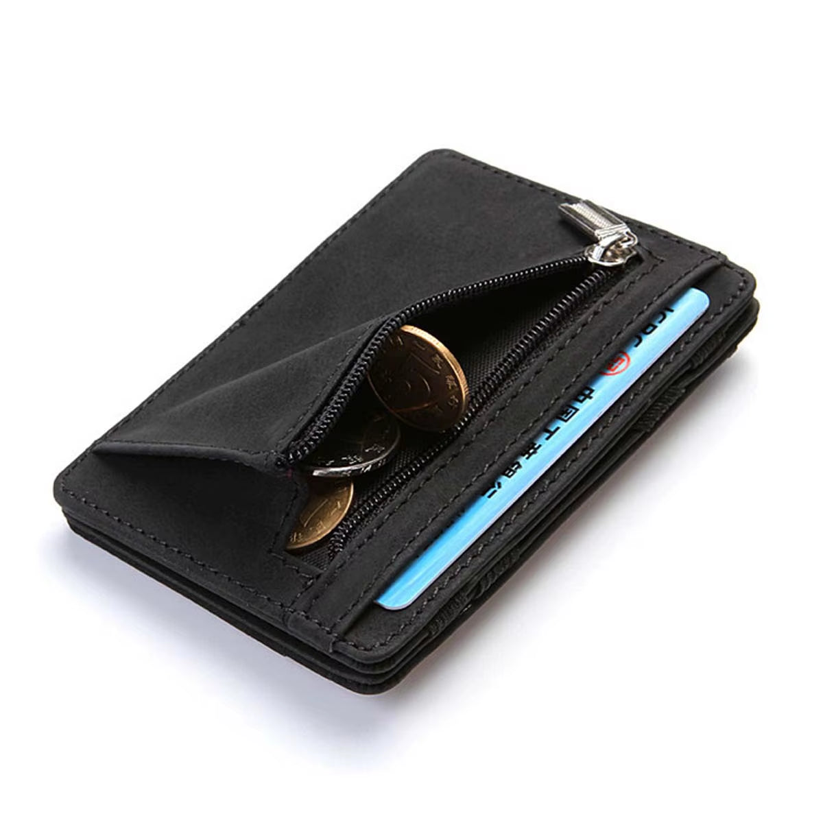 Creative Men'S Magic Wallet Coin Wallet Short Zipper Slim Leather Wallet Business ID Credit Card Cases Travel Short Wallet