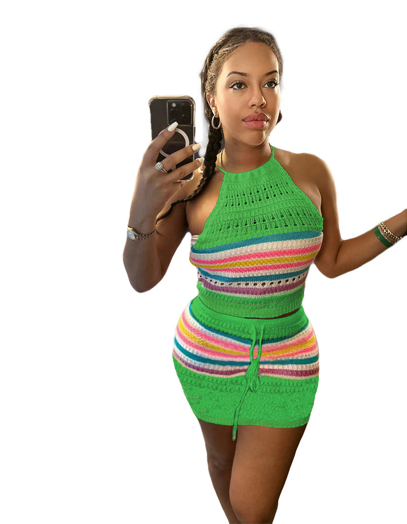Sweater Fashion Print Backless Halter Bodycon Dress Set