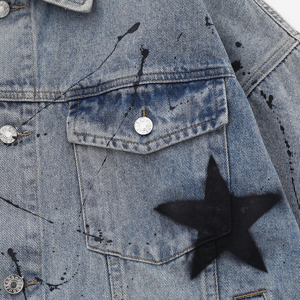 Five-pointed Star Splash Ink Patterned Denim Jacket