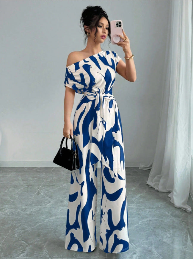 Vacation Style Slant Shoulder Strap Wide Leg Jumpsuit