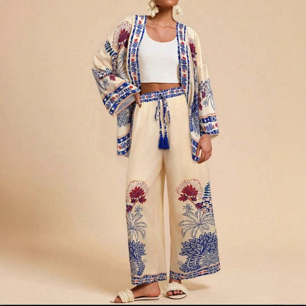 Fashion Vacation Style Printed Cardigan Long Sleeve Wide Leg Pants Two-piece Set