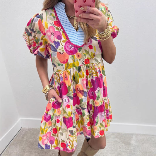 Versatile Floral Print Striped Trim Dress For Women