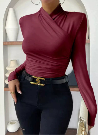 Design Cross Collar Slim Fit All-match Pleating Long Sleeve