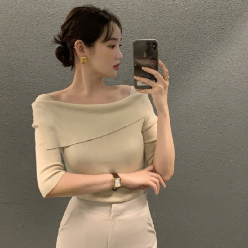 Women's Gentle Temperament Slim Fit One-Line Neck Knit Sweater