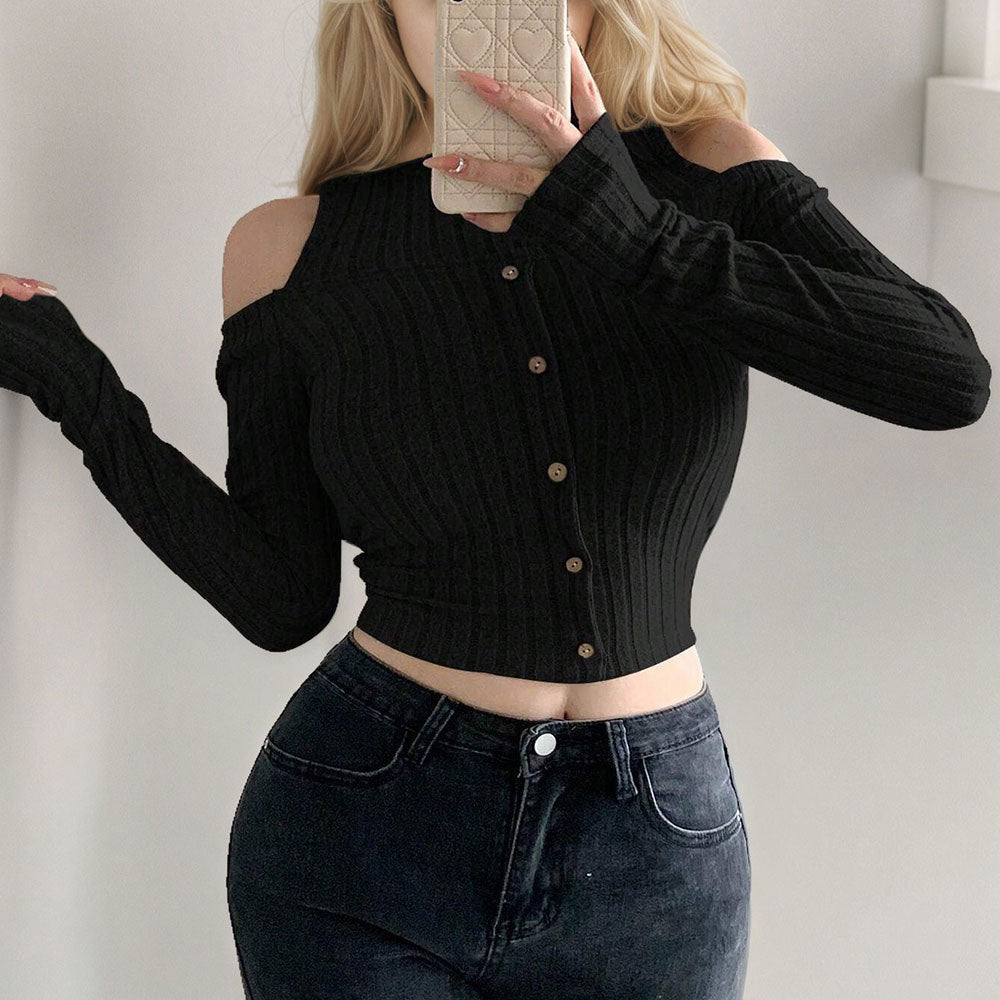 Off-the-shoulder Design Long Sleeve Short Bottoming Top