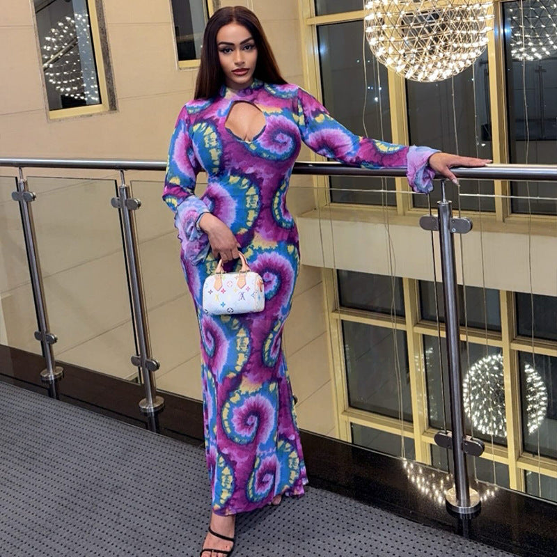 Color-block Printed Crew-neck Elegant Dress