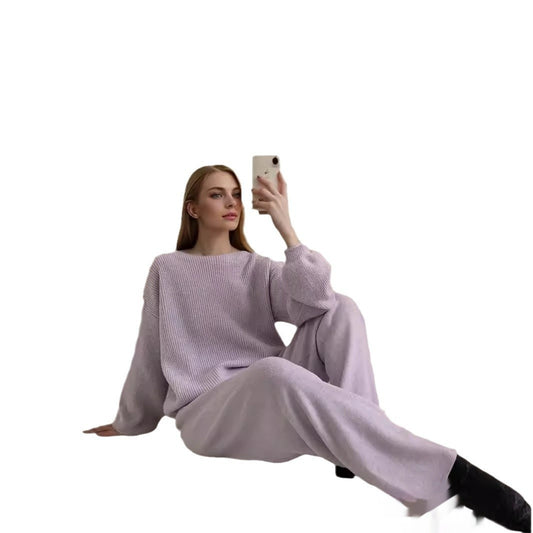 Knitted Sweater Suit Women's Loose Crew Neck Top Wide-leg Pants