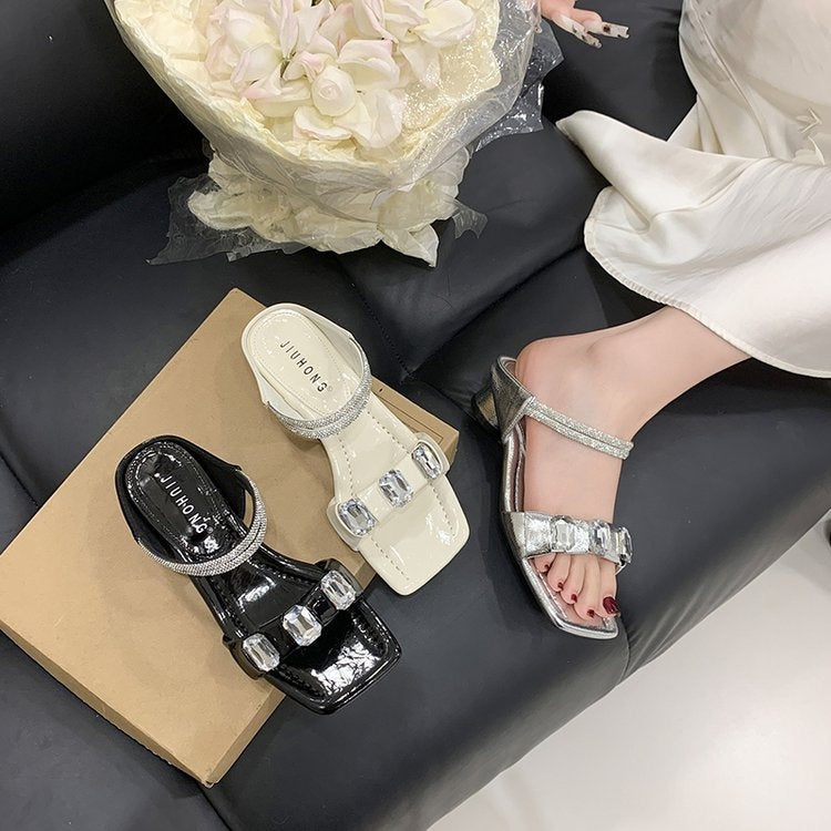 Early Spring Fairy-Inspired Crystal & Rhinestone Sandals For Women, Sheer One-Strap Mid Block Heel Design, Trendy Outdoor Fashion Shoes
