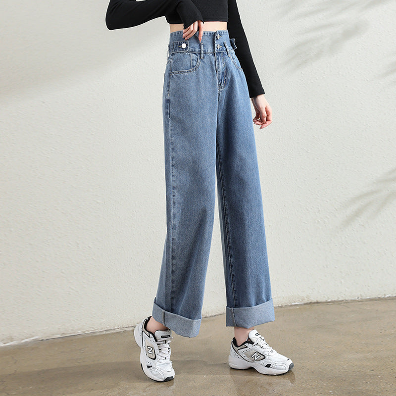 Women's Double Breasted Straight Jeans High Waist