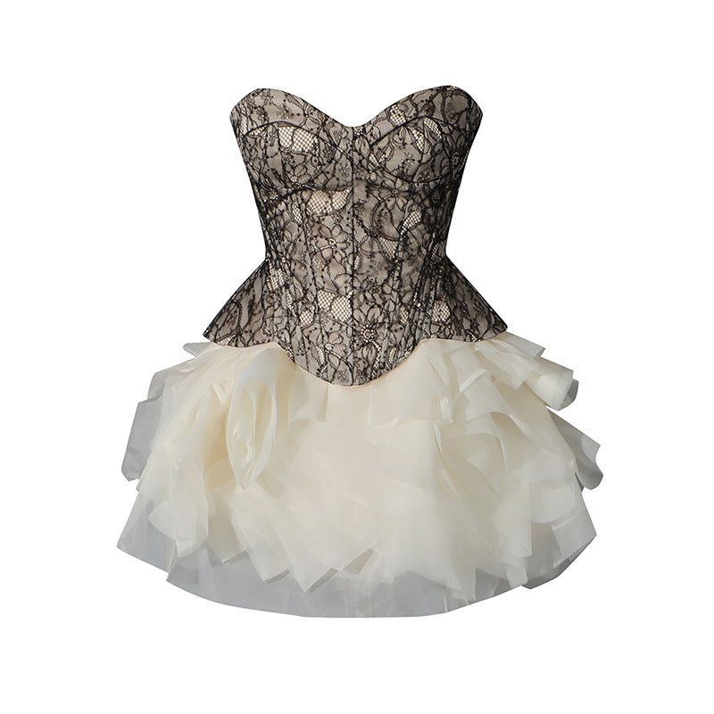 Heavy-embellished Tube Top Solid-color Bubble Skirt For Women