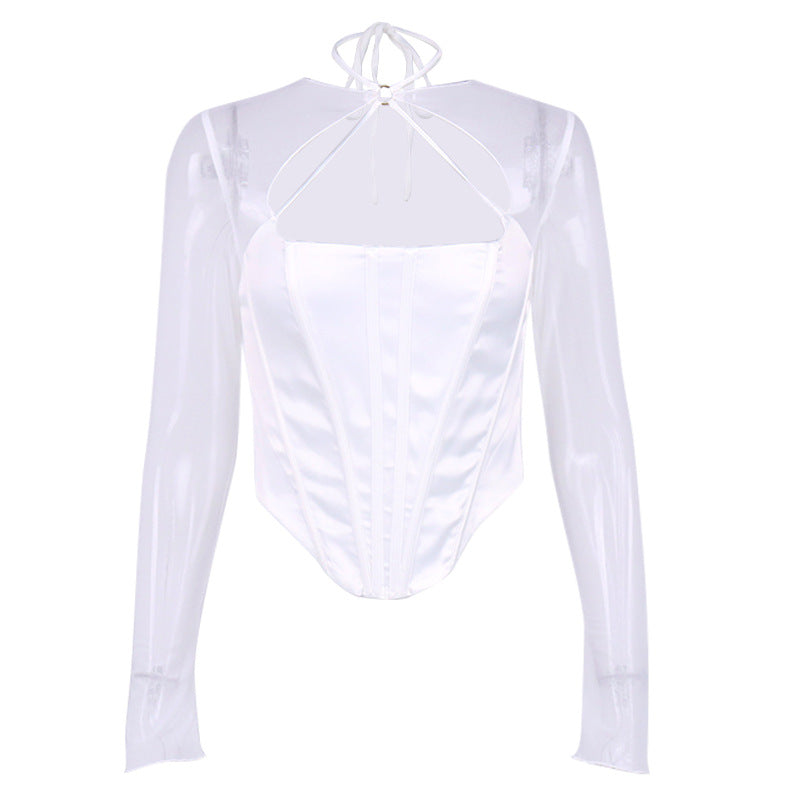 Fashion Fish Bone Hollowed Out Perspective Mesh Gauze Color Ding Top Female