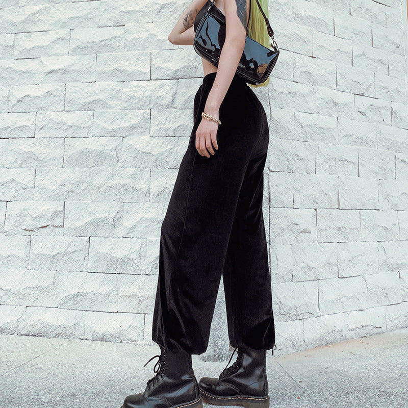 Loose high waist velvet eyelet straps