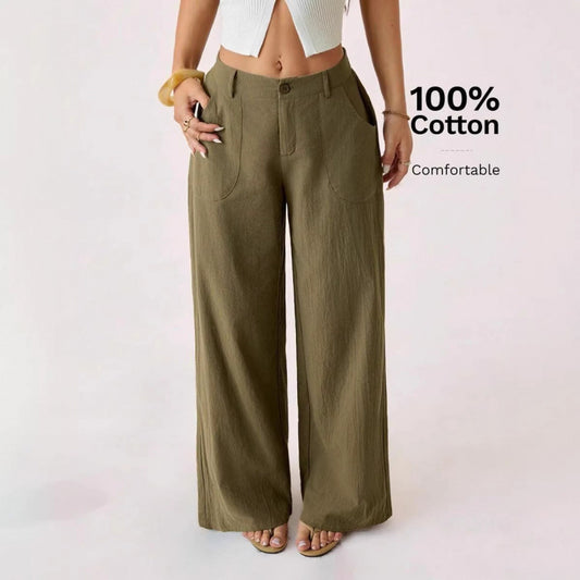 New Cotton-linen Womens Mid-rise Casual Commuter Wide-leg Pants