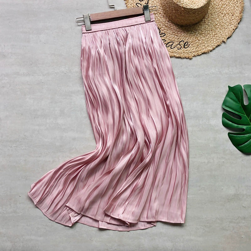 Glossy Silky Pearl Glossy Satin Pleated Skirt